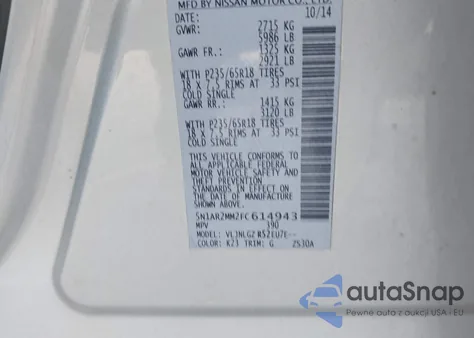 2015 Nissan Pathfinder Sl z USA, uszkodzony, nr VIN 5N1AR2MM2FC614943